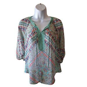 Fig & Flower Womens Blouse PS Multicolor Sheer Lace Blouson Sleeve Boho Hippie